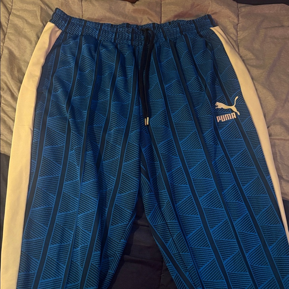 Puma Geometric Blue Joggers with White Accents